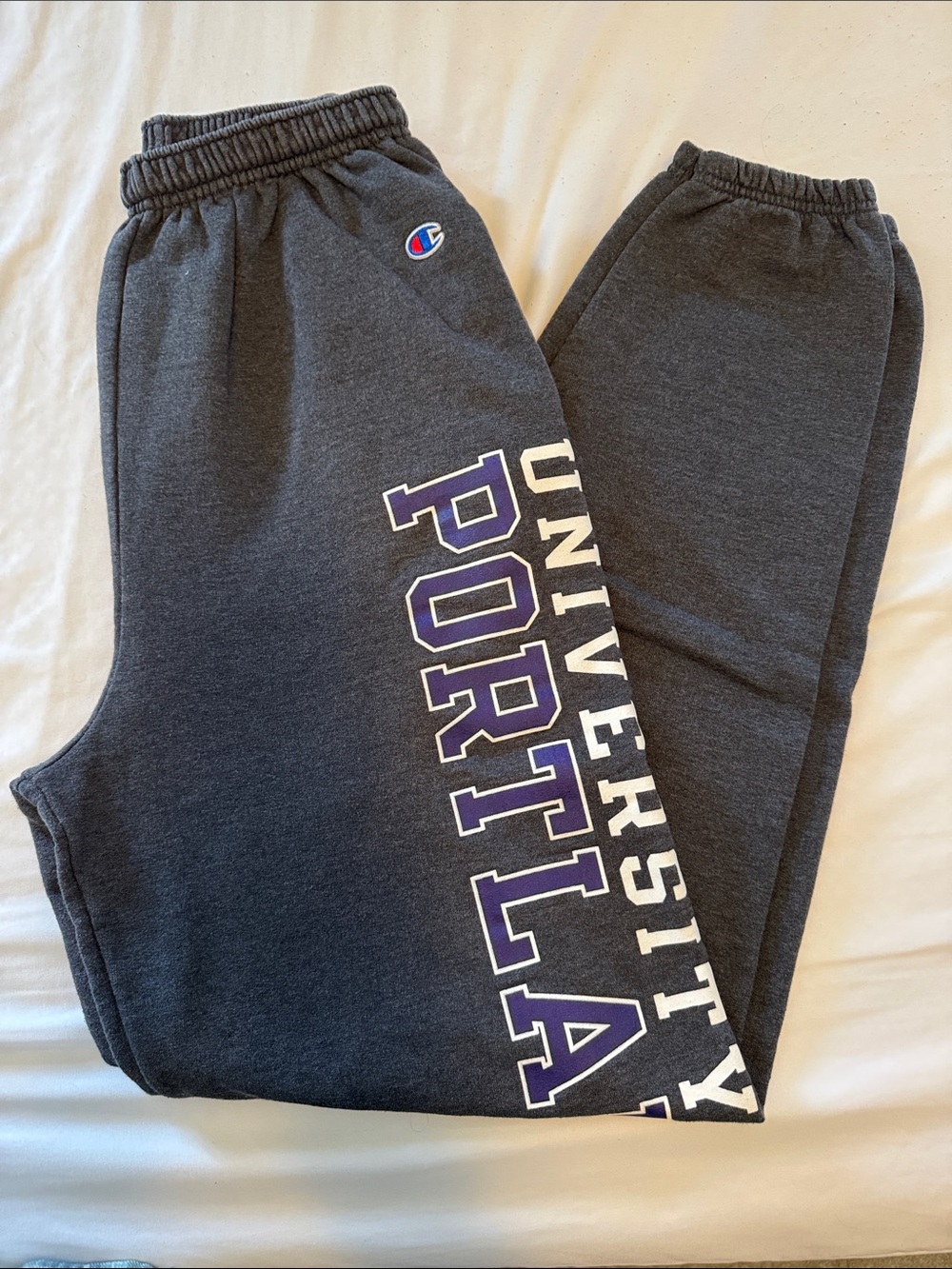 Champion Dark Gray Portland University Joggers with Purple Lettering